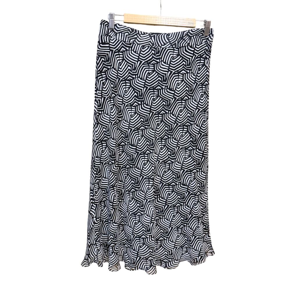Vtg Josephine Chaus 100% silk flowy long black white geometric print skirt sz 10